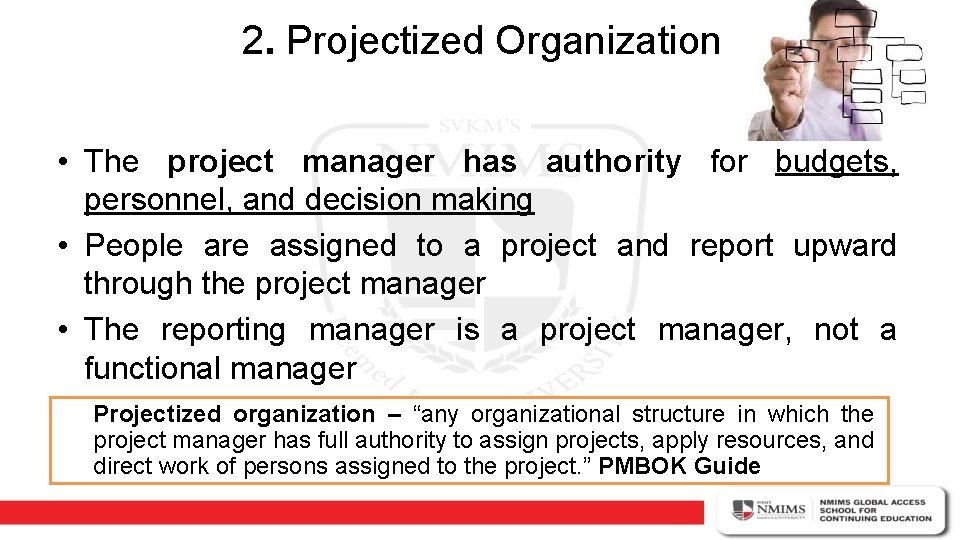 2. Projectized Organization • The project manager has authority for budgets, personnel, and decision