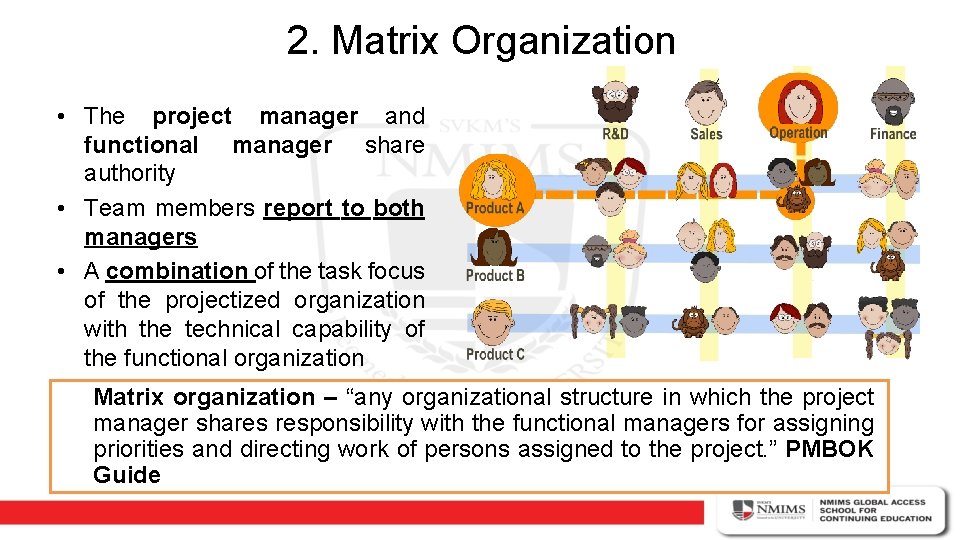 2. Matrix Organization • The project manager and functional manager share authority • Team