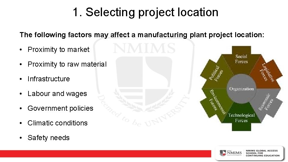 1. Selecting project location The following factors may affect a manufacturing plant project location: