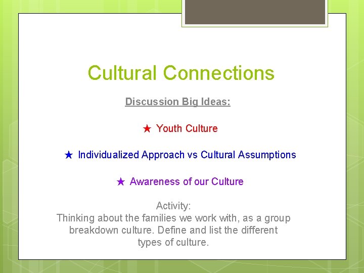 Cultural Connections Discussion Big Ideas: ★ Youth Culture ★ Individualized Approach vs Cultural Assumptions