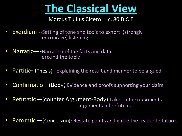 The Classical View Marcus Tullius Cicero c. 80 B. C. E • Exordium --Setting