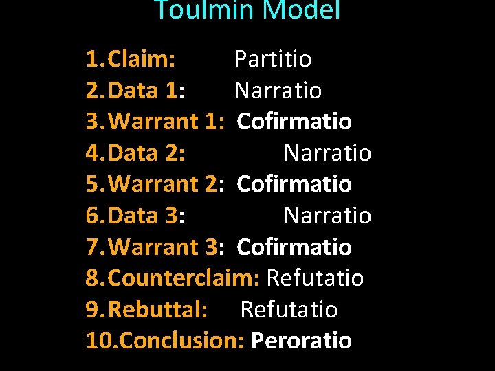 Toulmin Model 1. Claim: Partitio 2. Data 1: Narratio 3. Warrant 1: Cofirmatio 4.