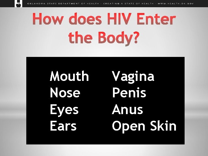 Mouth Nose Eyes Ears Vagina Penis Anus Open Skin 