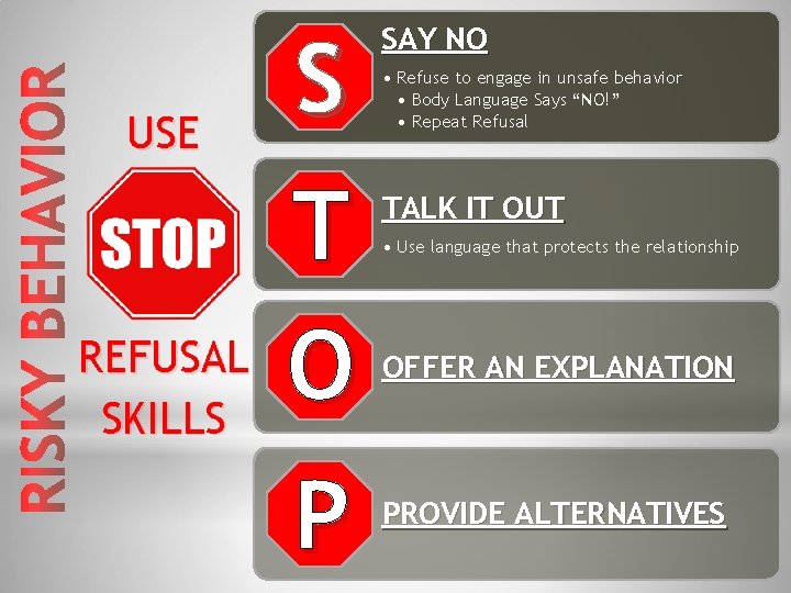 USE REFUSAL SKILLS S T O P SAY NO • Refuse to engage in