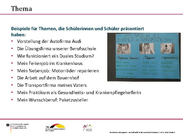 Thema Beispiele für Themen, die Schülerinnen und Schüler präsentiert haben: • Vorstellung der Autofirma