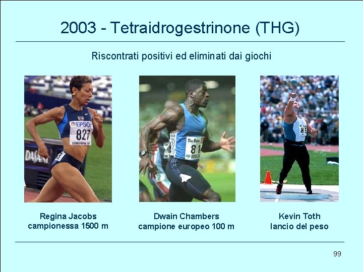 2003 - Tetraidrogestrinone (THG) Riscontrati positivi ed eliminati dai giochi Regina Jacobs campionessa 1500