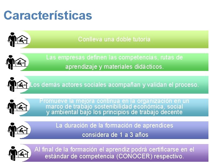 Características Conlleva una doble tutoría Las empresas definen las competencias, rutas de aprendizaje y