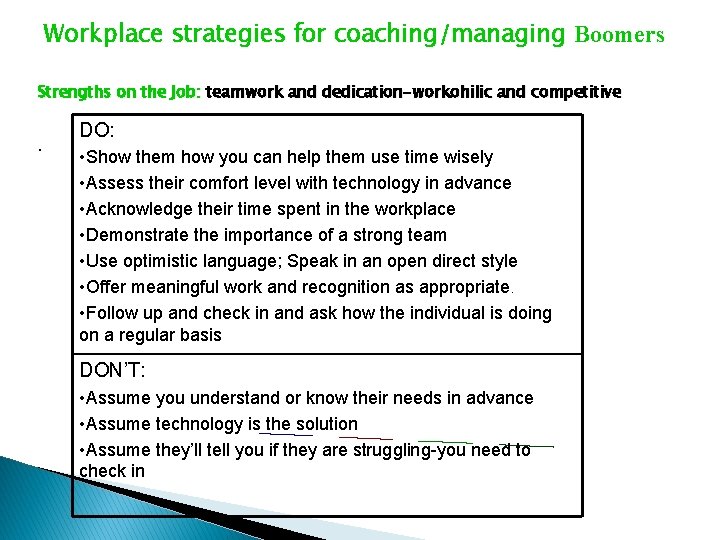 Workplace strategies for coaching/managing Boomers Strengths on the Job: teamwork and dedication-workohilic and competitive