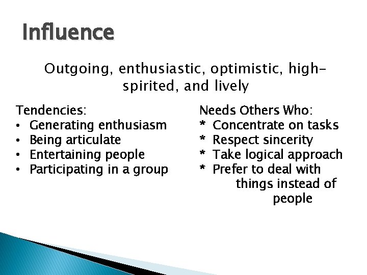 Influence Outgoing, enthusiastic, optimistic, highspirited, and lively Tendencies: • Generating enthusiasm • Being articulate