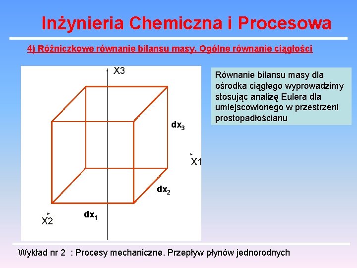 Inżynieria Chemiczna i Procesowa 4) Różniczkowe równanie bilansu masy. Ogólne równanie ciągłości dx 3