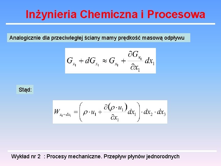 Inżynieria Chemiczna i Procesowa Analogicznie dla przeciwległej ściany mamy prędkość masową odpływu Stąd: Wykład