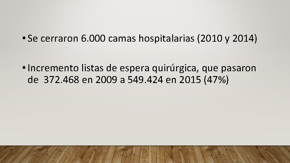  • Se cerraron 6. 000 camas hospitalarias (2010 y 2014) • Incremento listas