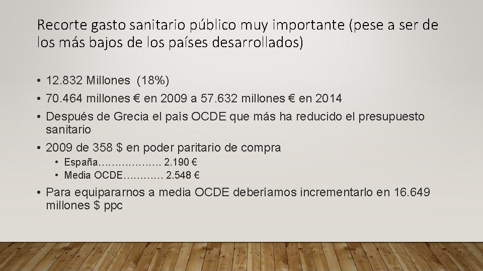 Recorte gasto sanitario público muy importante (pese a ser de los más bajos de