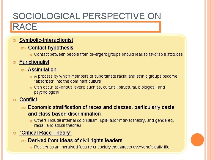 SOCIOLOGICAL PERSPECTIVE ON RACE Symbolic-Interactionist Contact hypothesis Functionalist Assimilation A process by which members