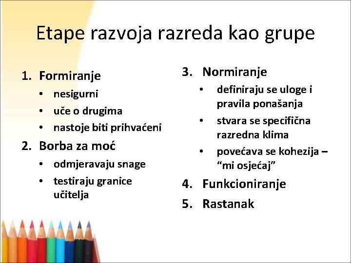 Etape razvoja razreda kao grupe 1. Formiranje • nesigurni • uče o drugima •
