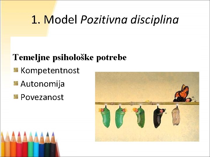 1. Model Pozitivna disciplina Temeljne psihološke potrebe Kompetentnost Autonomija Povezanost 
