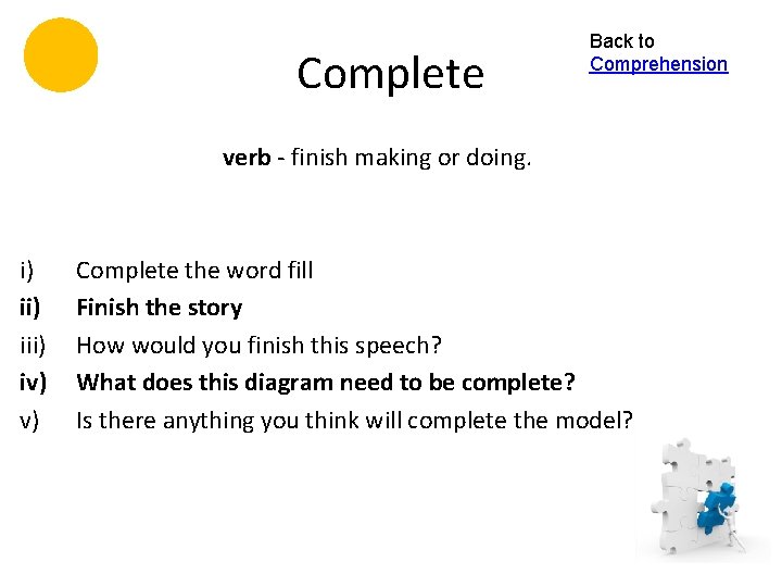 Complete Back to Comprehension verb - finish making or doing. i) iii) iv) v)