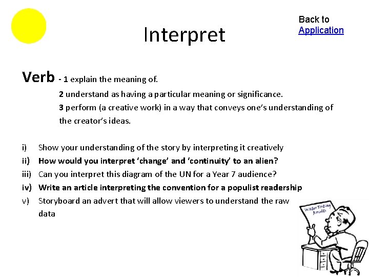 Interpret Back to Application Verb - 1 explain the meaning of. 2 understand as