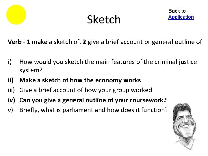 Sketch Back to Application Verb - 1 make a sketch of. 2 give a