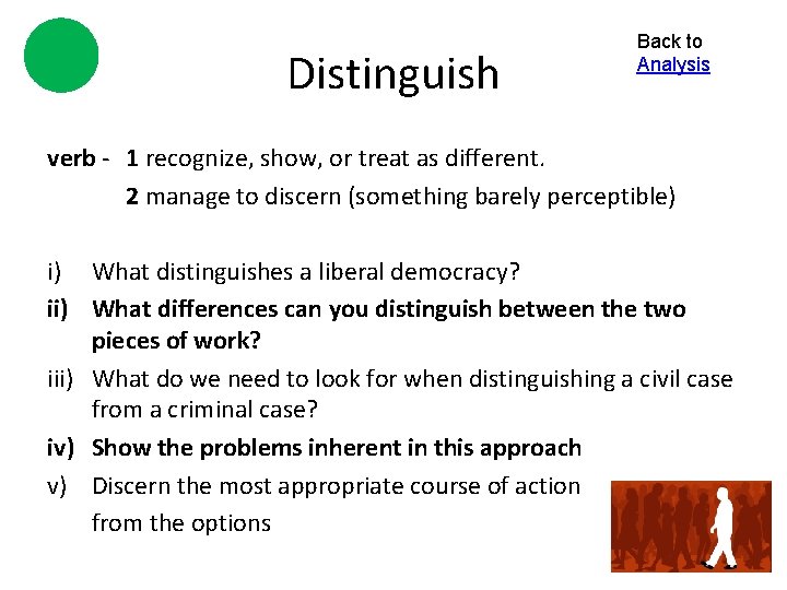 Distinguish Back to Analysis verb - 1 recognize, show, or treat as different. 2
