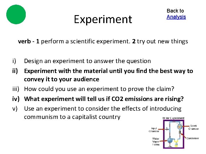 Experiment Back to Analysis verb - 1 perform a scientific experiment. 2 try out