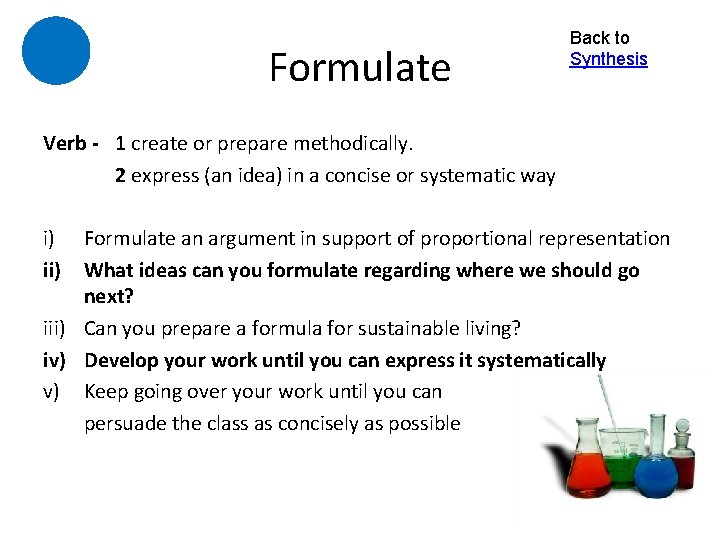 Formulate Back to Synthesis Verb - 1 create or prepare methodically. 2 express (an