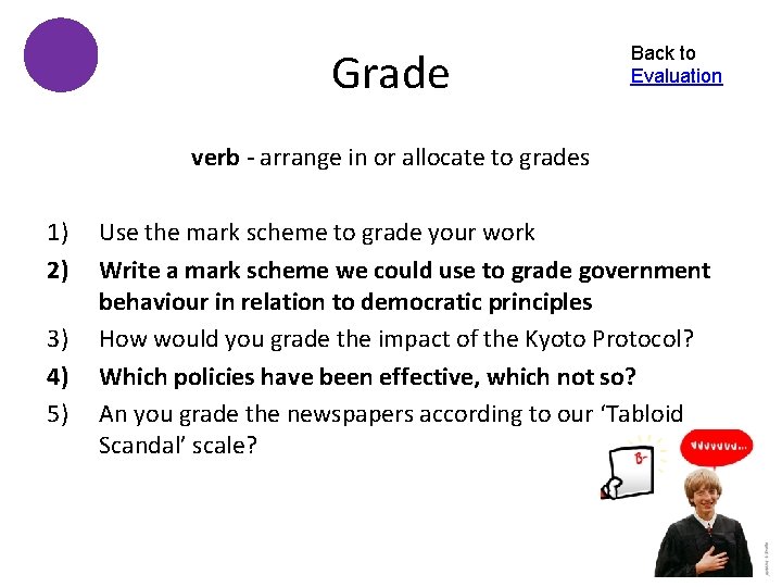 Grade Back to Evaluation verb - arrange in or allocate to grades 1) 2)