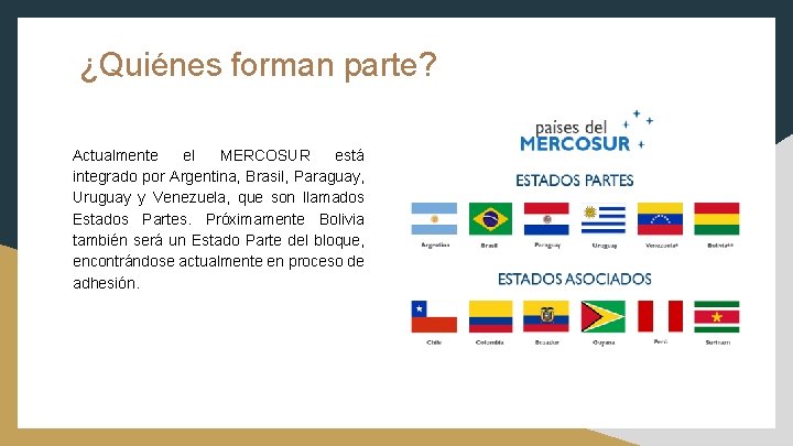 ¿Quiénes forman parte? Actualmente el MERCOSUR está integrado por Argentina, Brasil, Paraguay, Uruguay y