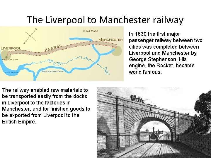 The Liverpool to Manchester railway In 1830 the first major passenger railway between two