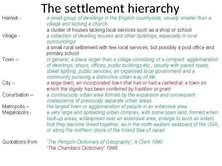 Hamlet Village - Town – City – Conurbation – Metropolis – Megalopolis - Quotations