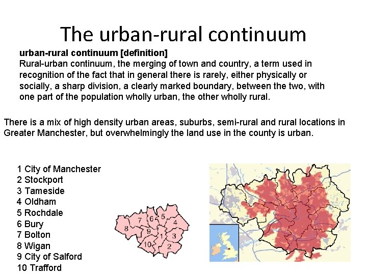 The urban-rural continuum [definition] Rural-urban continuum, the merging of town and country, a term