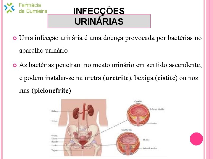 INFECÇÕES URINÁRIAS Uma infecção urinária é uma doença provocada por bactérias no aparelho urinário