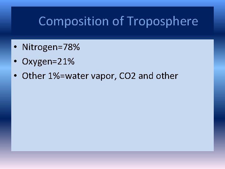 Composition of Troposphere • Nitrogen=78% • Oxygen=21% • Other 1%=water vapor, CO 2 and Composition of Troposphere • Nitrogen=78% • Oxygen=21% • Other 1%=water vapor, CO 2 and