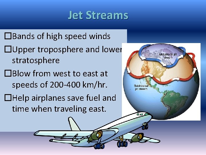Jet Streams �Bands of high speed winds �Upper troposphere and lower stratosphere �Blow from Jet Streams �Bands of high speed winds �Upper troposphere and lower stratosphere �Blow from