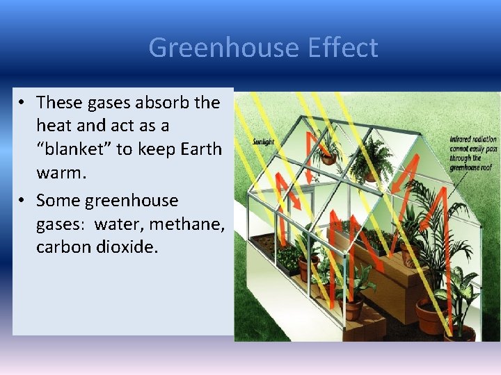 Greenhouse Effect • These gases absorb the heat and act as a “blanket” to Greenhouse Effect • These gases absorb the heat and act as a “blanket” to