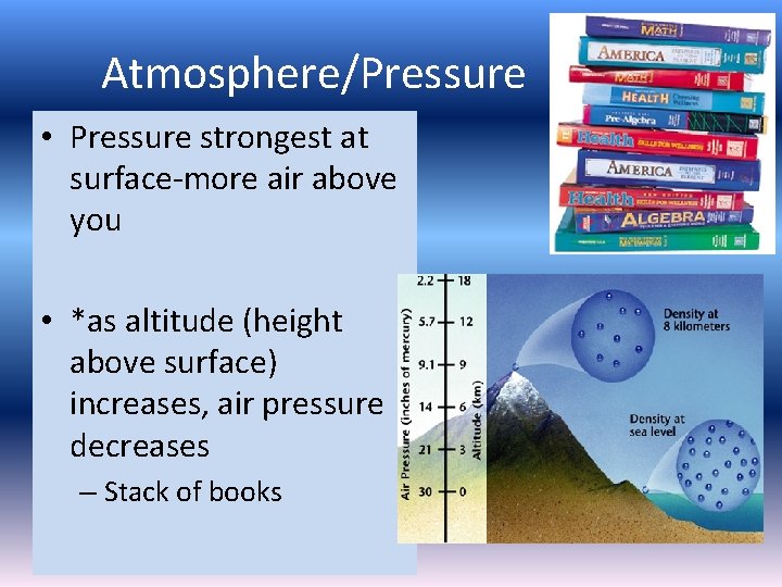 Atmosphere/Pressure • Pressure strongest at surface-more air above you • *as altitude (height above Atmosphere/Pressure • Pressure strongest at surface-more air above you • *as altitude (height above