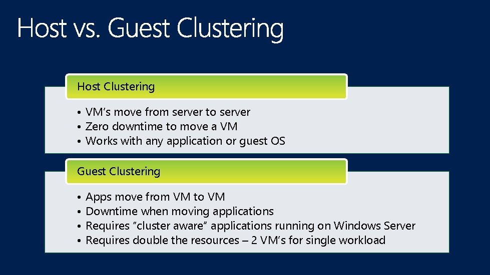Host Clustering • VM’s move from server to server • Zero downtime to move