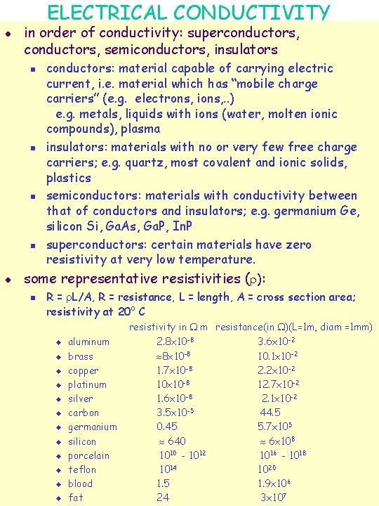 ELECTRICAL CONDUCTIVITY l in order of conductivity: superconductors, semiconductors, insulators n n l conductors: