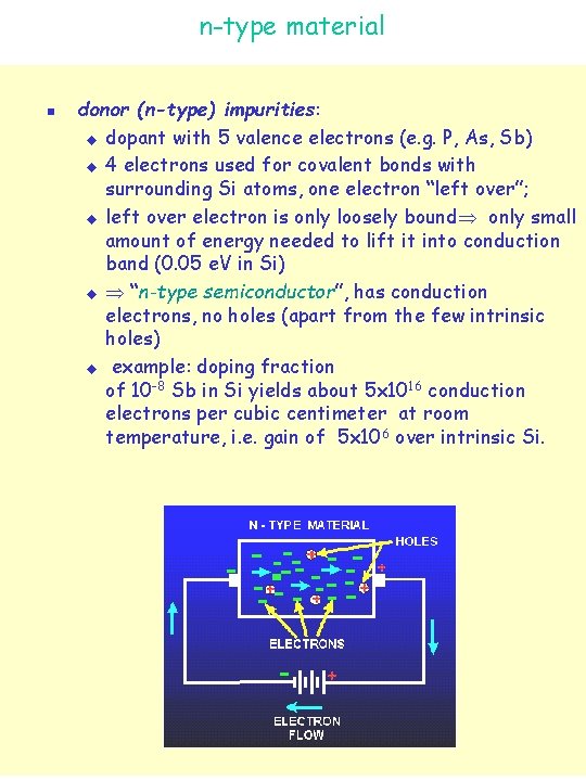 n-type material n donor (n-type) impurities: u dopant with 5 valence electrons (e. g.