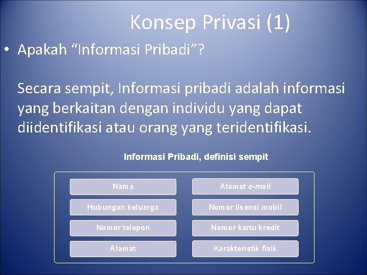 Konsep Privasi (1) • Apakah “Informasi Pribadi”? Secara sempit, Informasi pribadi adalah informasi yang