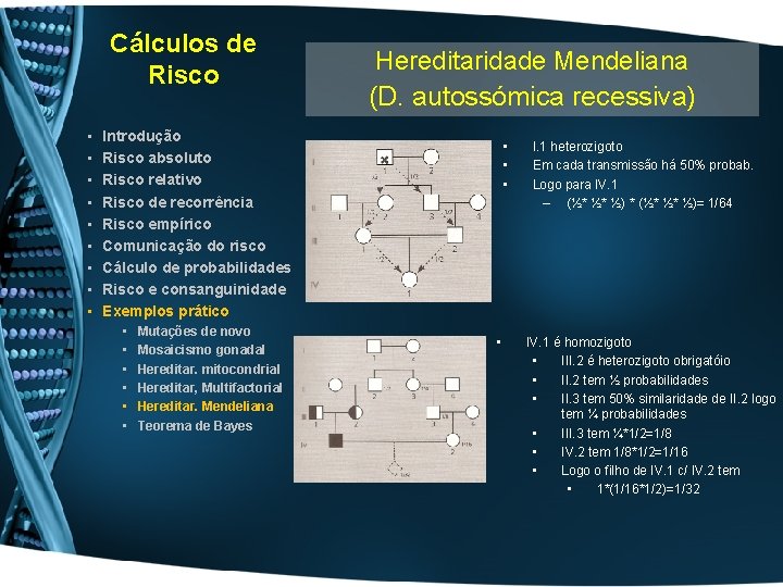 Cálculos de Risco • • • Hereditaridade Mendeliana (D. autossómica recessiva) Introdução Risco absoluto