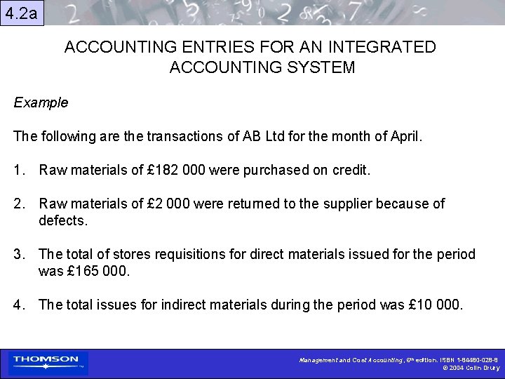 4. 2 a ACCOUNTING ENTRIES FOR AN INTEGRATED ACCOUNTING SYSTEM Example The following are