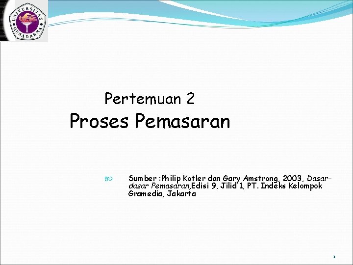 Pertemuan 2 Proses Pemasaran Sumber : Philip Kotler dan Gary Amstrong, 2003, Dasardasar Pemasaran,
