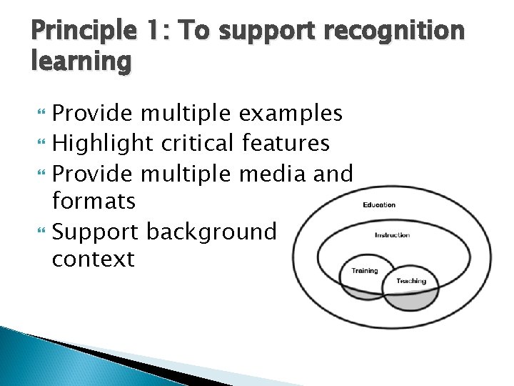 Principle 1: To support recognition learning Provide multiple examples Highlight critical features Provide multiple Principle 1: To support recognition learning Provide multiple examples Highlight critical features Provide multiple
