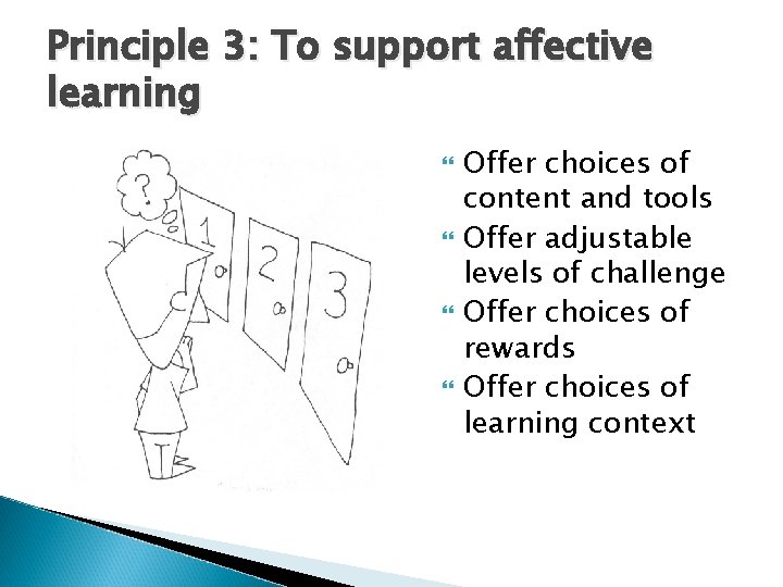 Principle 3: To support affective learning Offer choices of content and tools Offer adjustable Principle 3: To support affective learning Offer choices of content and tools Offer adjustable