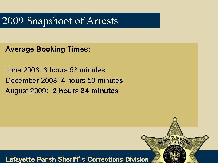 2009 Snapshoot of Arrests Average Booking Times: June 2008: 8 hours 53 minutes December