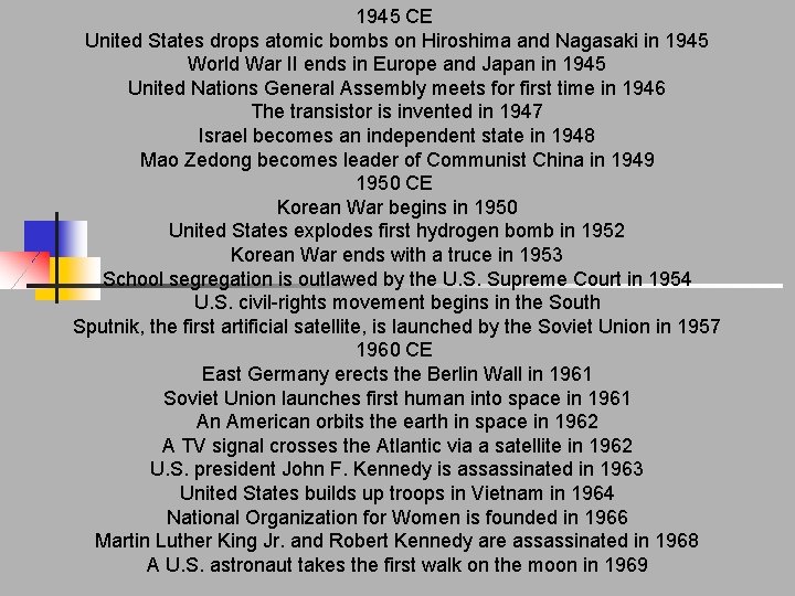 1945 CE United States drops atomic bombs on Hiroshima and Nagasaki in 1945 World 1945 CE United States drops atomic bombs on Hiroshima and Nagasaki in 1945 World