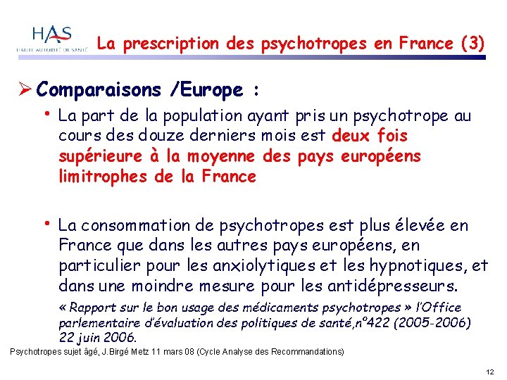 La prescription des psychotropes en France (3) Comparaisons /Europe : • La part de