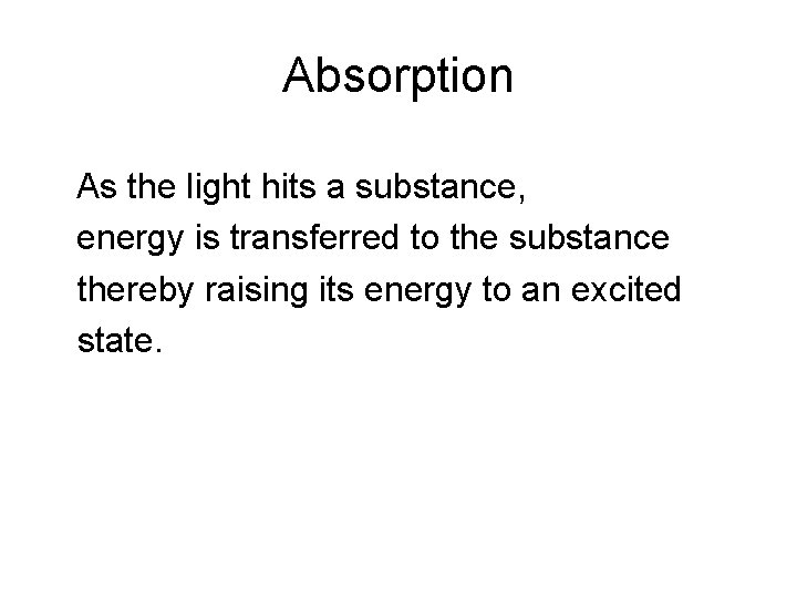 Absorption As the light hits a substance, energy is transferred to the substance thereby