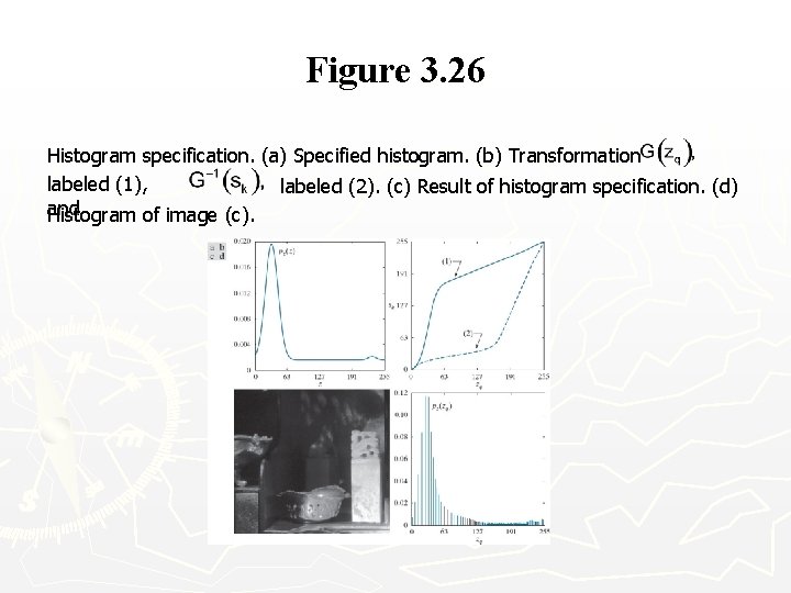 Figure 3. 26 Histogram specification. (a) Specified histogram. (b) Transformation labeled (1), labeled (2).